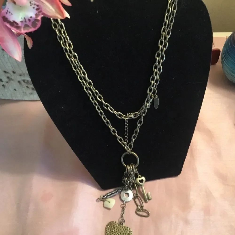 Brass Tone Link Necklace with Pendant Charms